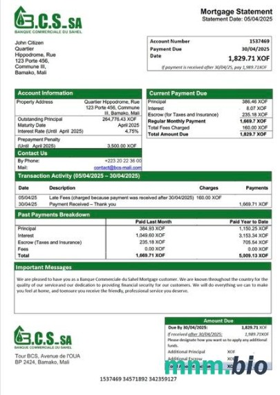 Mali Banque Commerciale du Sahel (BCS) wyciąg z kredytu hipotecznego szablon Word i PDF